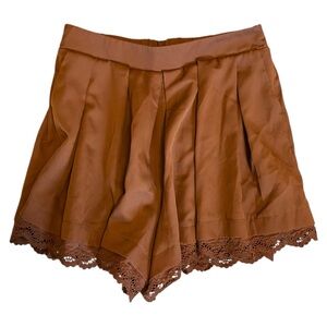 Cider Brown Pleated Shorts with Lace Trim | Cottagecore Feminine | Size XL